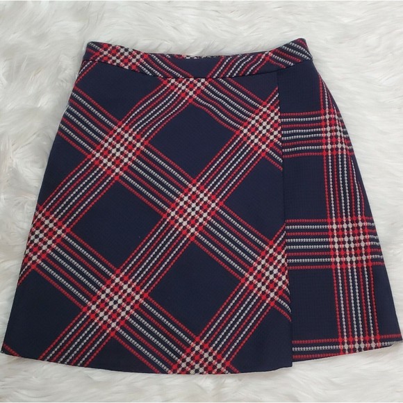 Halogen Dresses & Skirts - Halogen Plaid Faux Wrap Skirt Tweed A-Line Academia Navy Red Creme Skirt Size 4